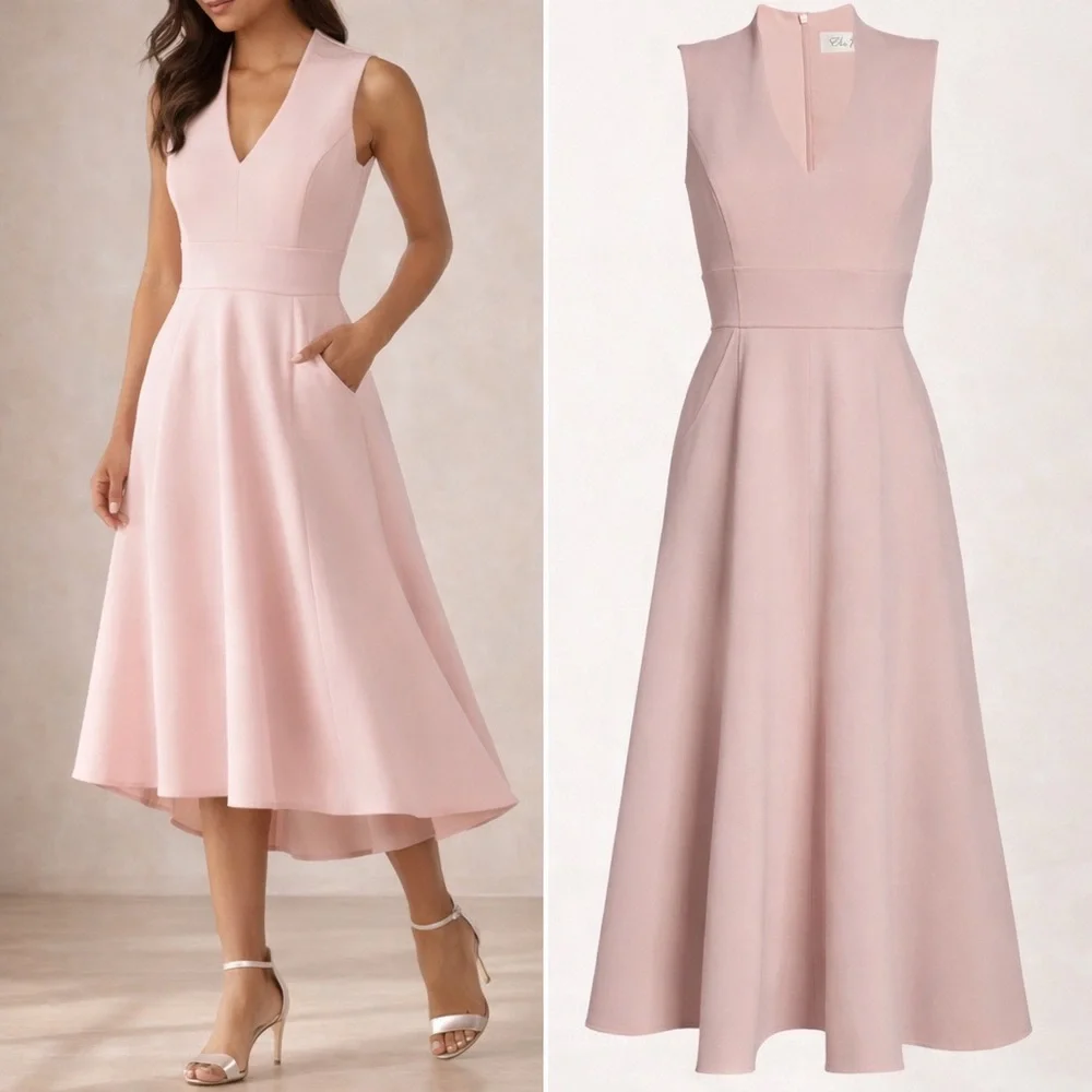 Eliza J Blush Pink High Low Fit & Flare Midi Dress Size 8 Wedding Guest - Picture 4 of 12